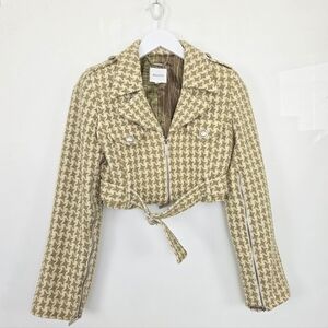 WALTER Green Cream Houndstooth Wool Blend Tweed Cropped Jacket Size 4
